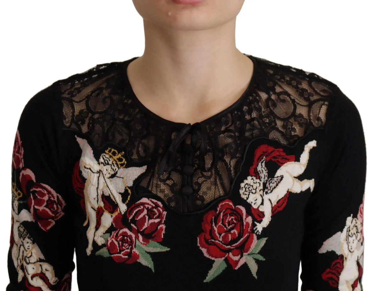 Pull dolce & gabbana noir avec dentelle détaillée au col et broderies rouges de roses et anges