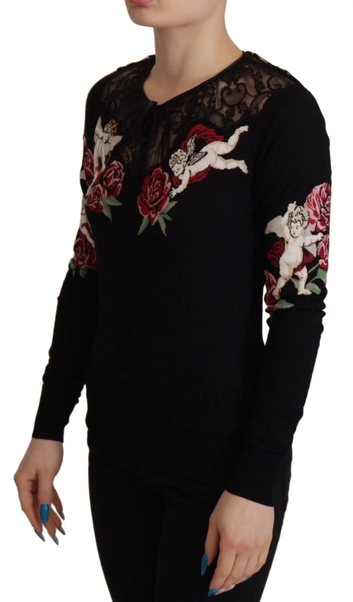 Cardigan noir dolce & gabbana en dentelle avec angels brodés et roses rouges sur épaules et poitrine