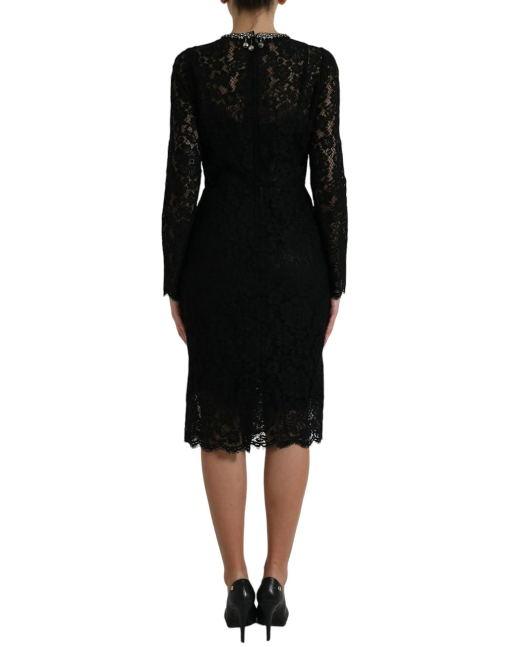 Robe midi noire en dentelle dolce & gabbana avec manches longues et col orné de cristaux
