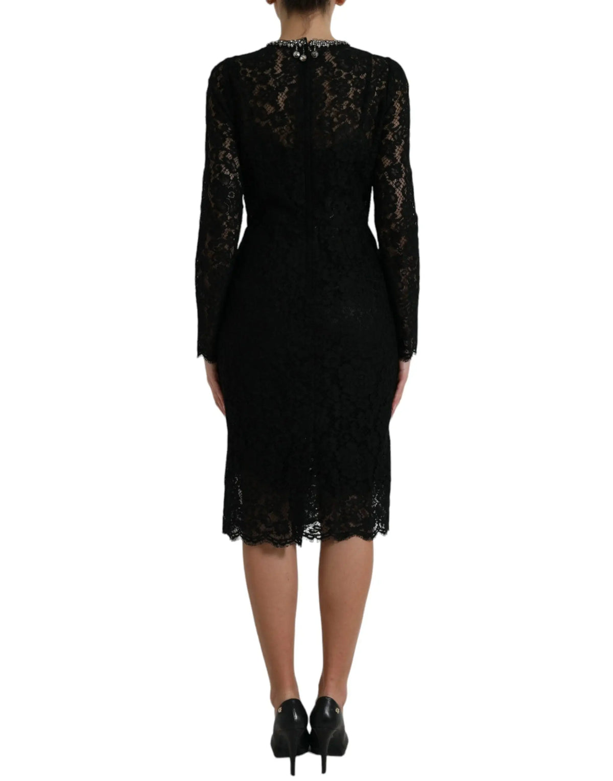Robe midi noire en dentelle dolce & gabbana avec manches longues et col orné de cristaux