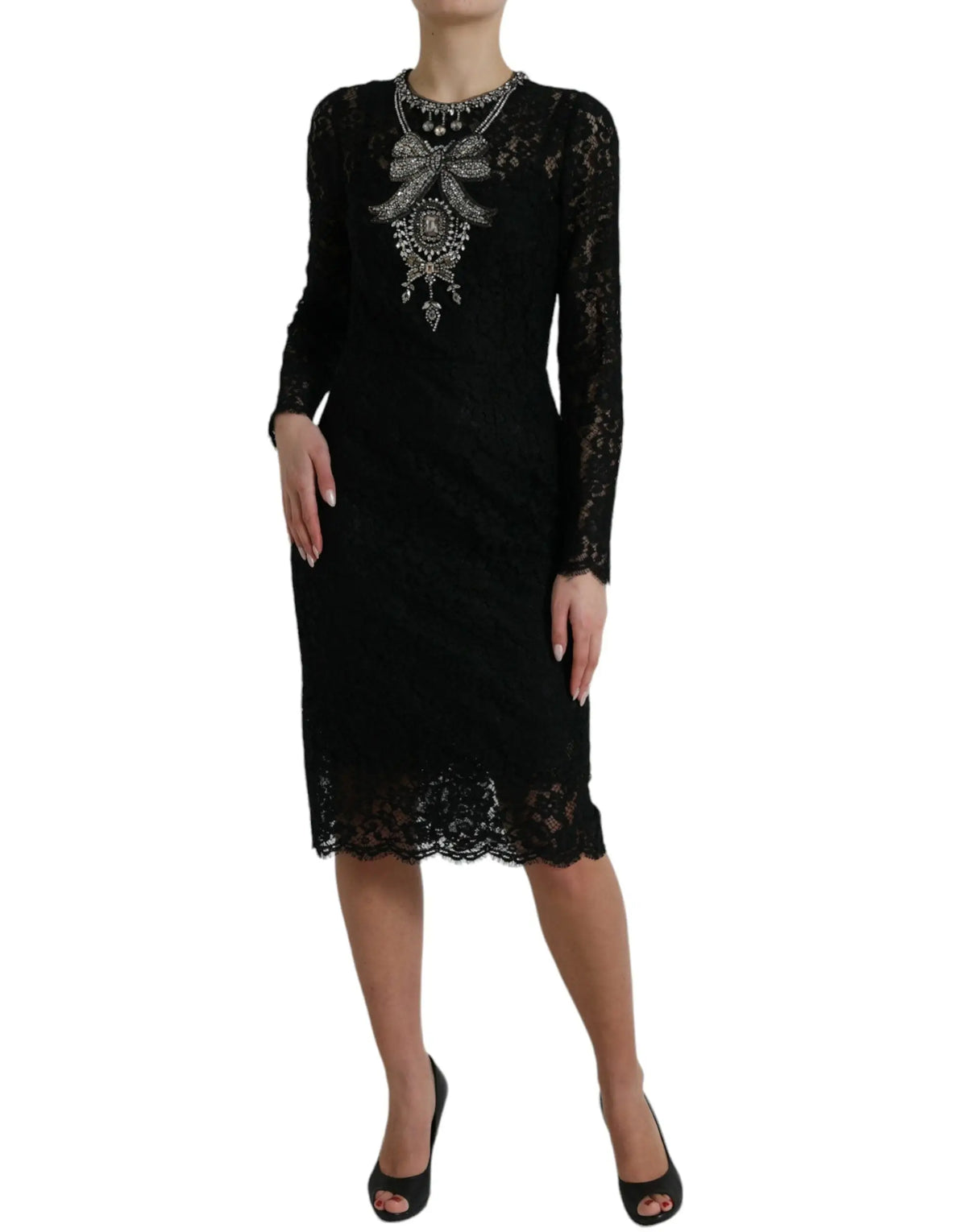 Robe midi en dentelle noire dolce & gabbana avec nœud argenté perlé et broderie florale au col