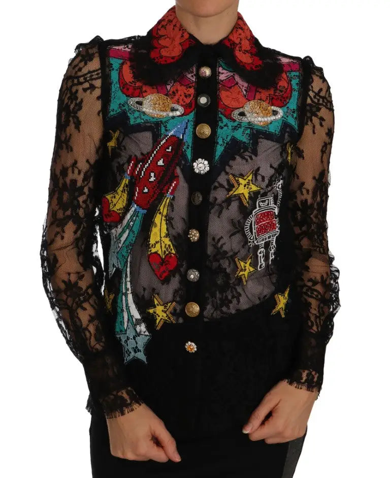 Blouse noire en dentelle dolce & gabbana manches longues avec broderie spatiale colorée et boutons ornés de cristaux