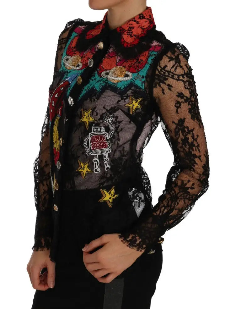 Blouse noire en dentelle dolce & gabbana à manches longues avec broderies spatiales colorées et boutons métalliques crystal space