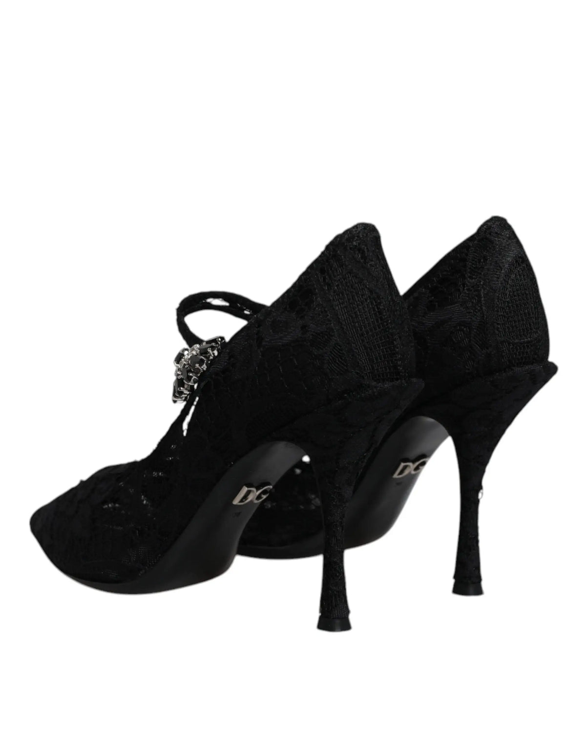 Dolce & gabbana escarpins mary jane en dentelle noire avec boucle en cristaux et logo sur la semelle
