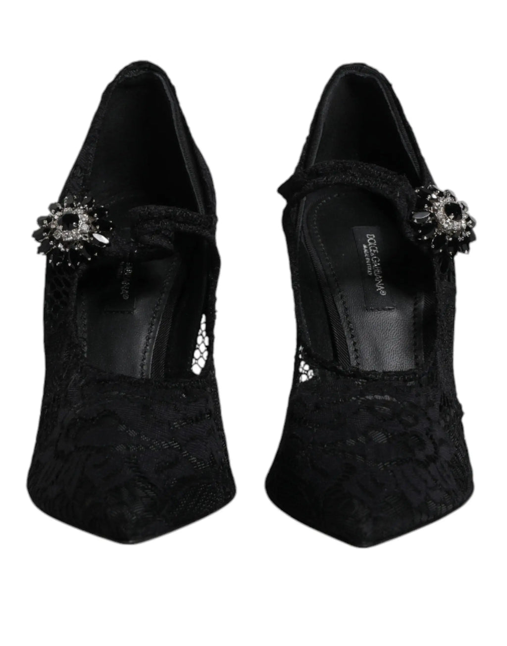Dolce & gabbana mary jane pumps en dentelle noire avec talons hauts et embellissements en cristaux étincelants