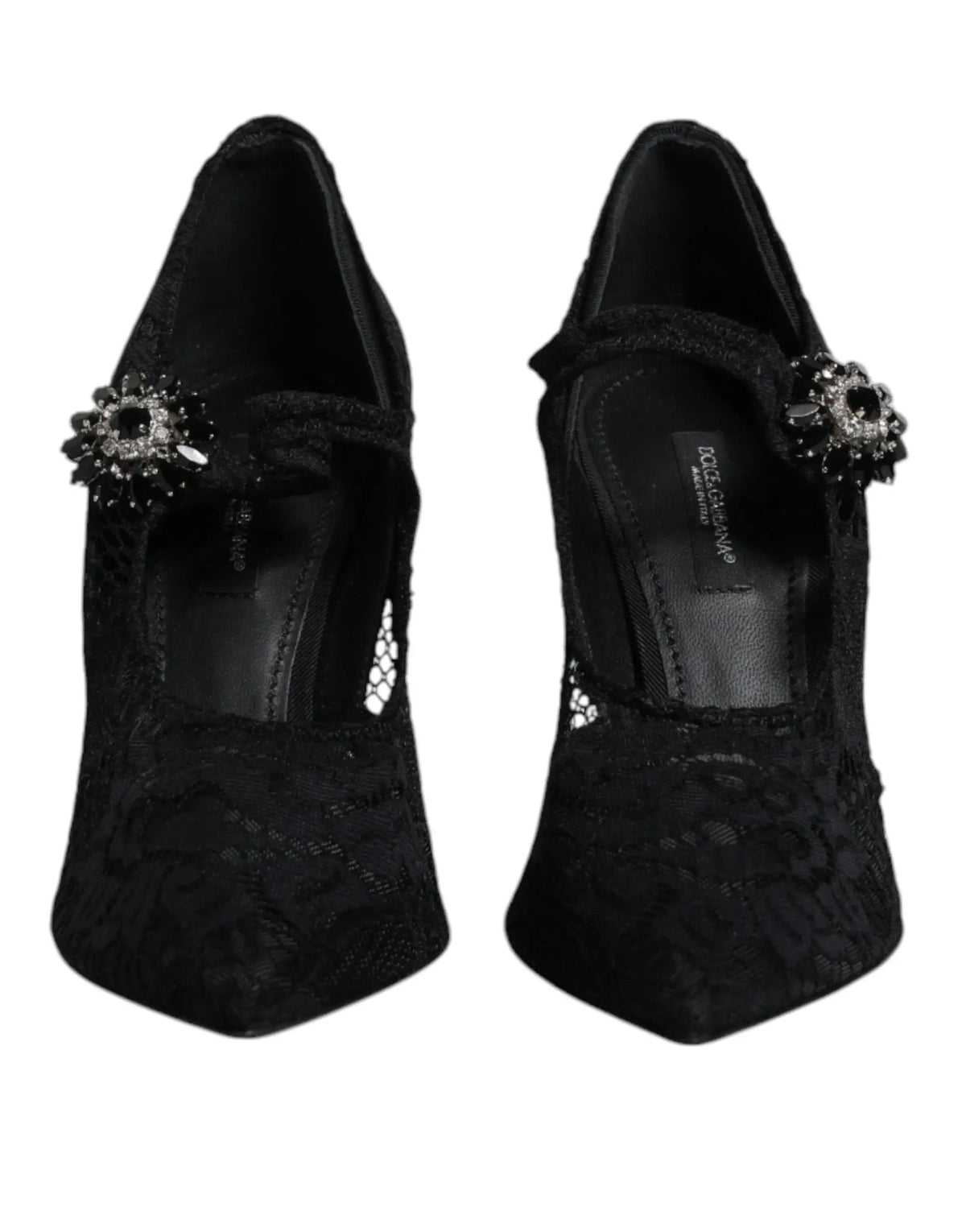 Dolce & gabbana mary jane pumps en dentelle noire avec talons hauts et embellissements en cristaux étincelants