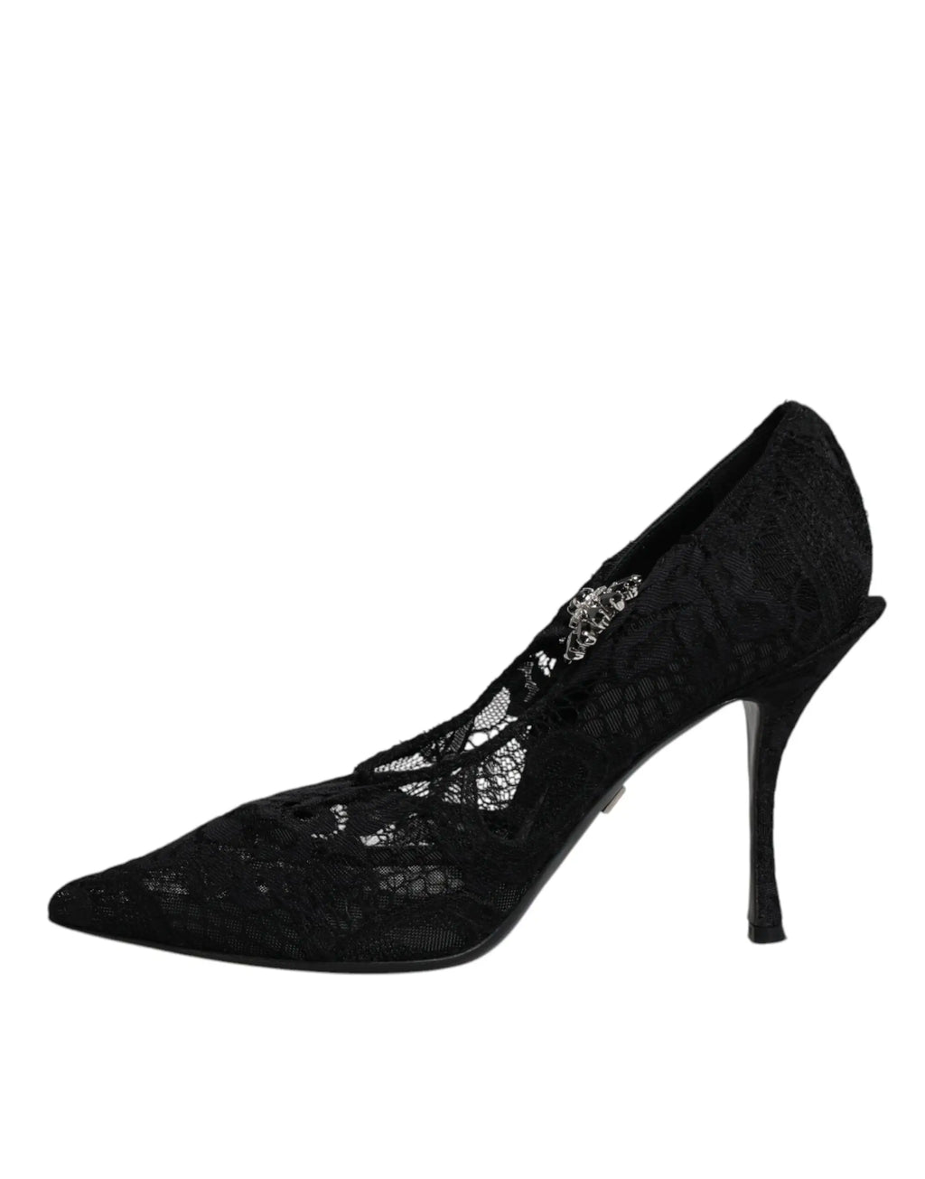 Dolce & gabbana mary jane pumps noires en dentelle avec motif floral délicat et cristal près de la cheville