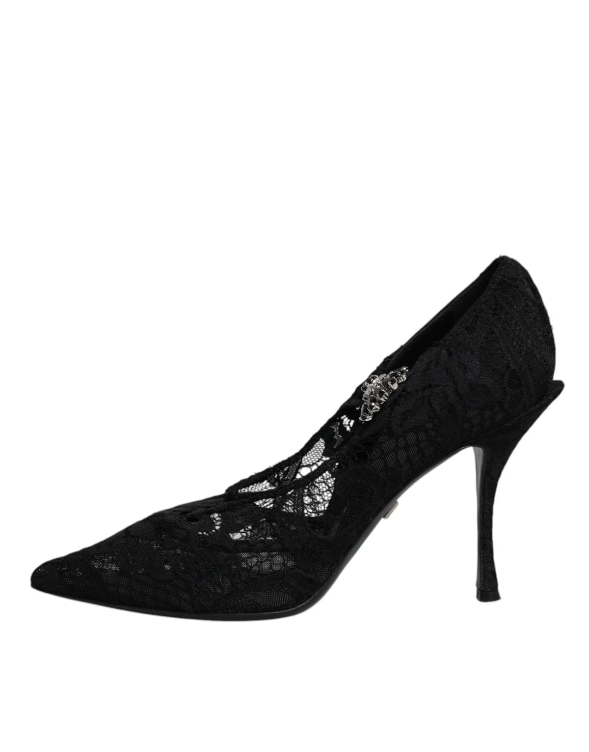 Dolce & gabbana mary jane pumps noires en dentelle avec motif floral délicat et cristal près de la cheville