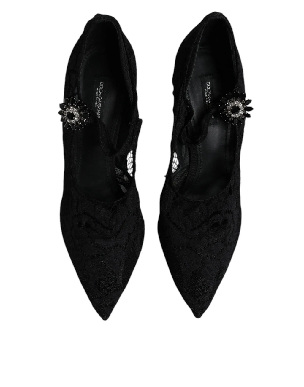 Dolce & gabbana mary jane pumps en dentelle noire avec talons hauts et boucle strass décorative sur la bride