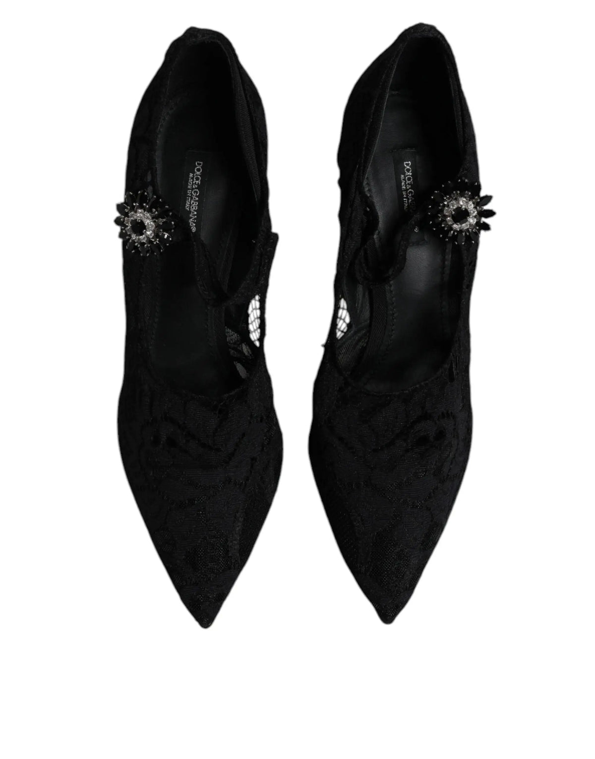 Dolce & gabbana mary jane pumps en dentelle noire avec talons hauts et boucle strass décorative sur la bride