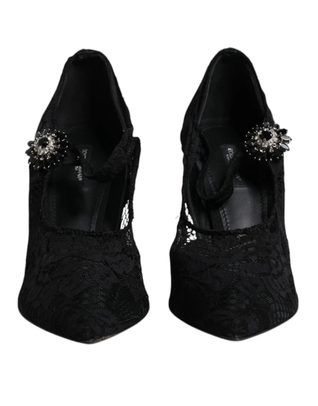 Dolce & gabbana chaussures mary jane en dentelle noire avec talons hauts et ornements en cristaux sur la bride