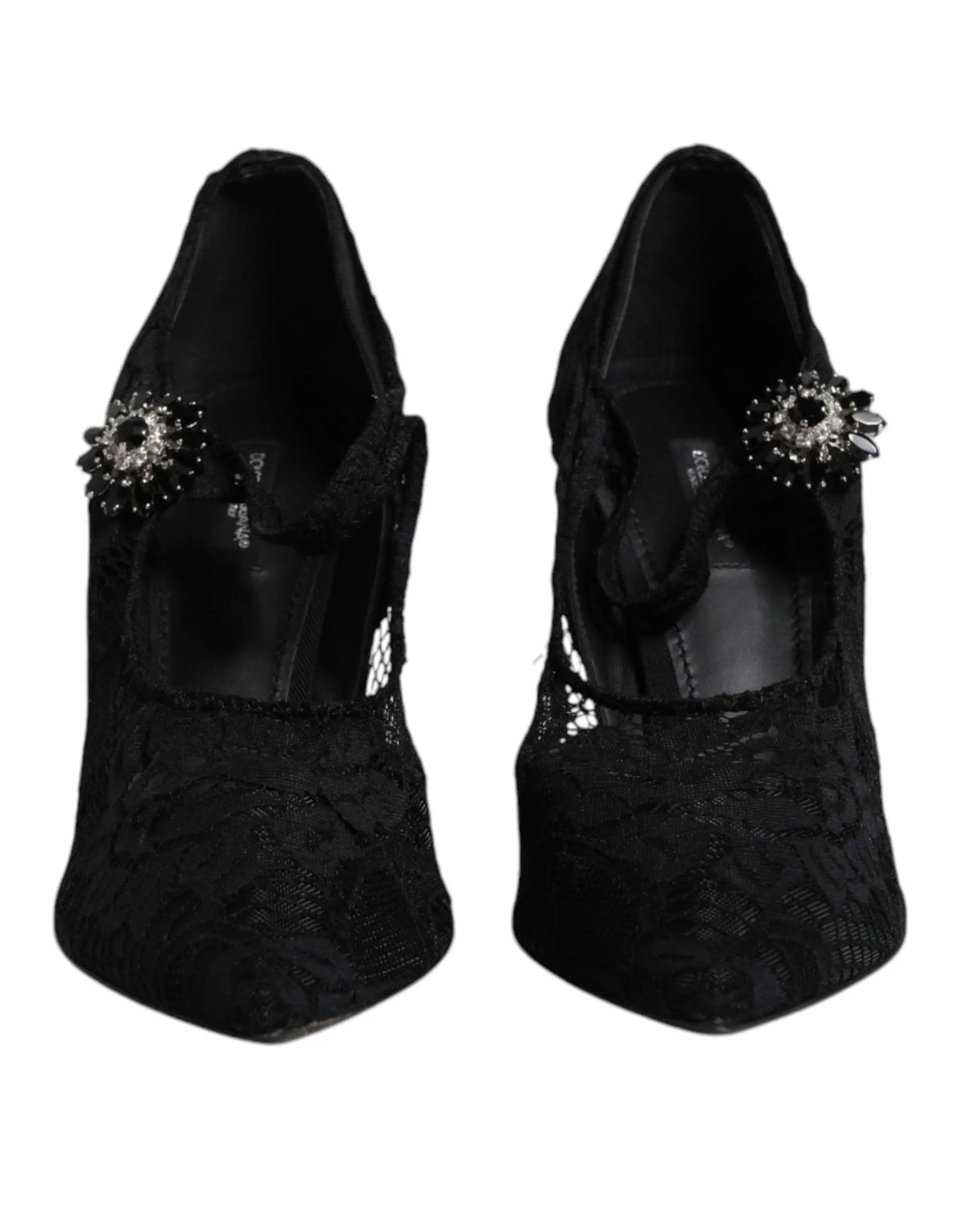 Dolce & gabbana chaussures mary jane en dentelle noire avec talons hauts et ornements en cristaux sur la bride