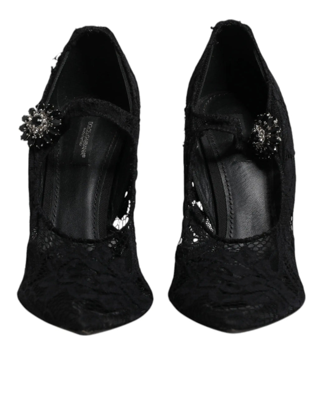 Dolce & gabbana mary jane pumps en dentelle noire avec talons hauts et fleur en cristal décorative sur le côté