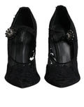 Dolce & gabbana mary jane pumps en dentelle noire avec talons hauts et fleur en cristal décorative sur le côté