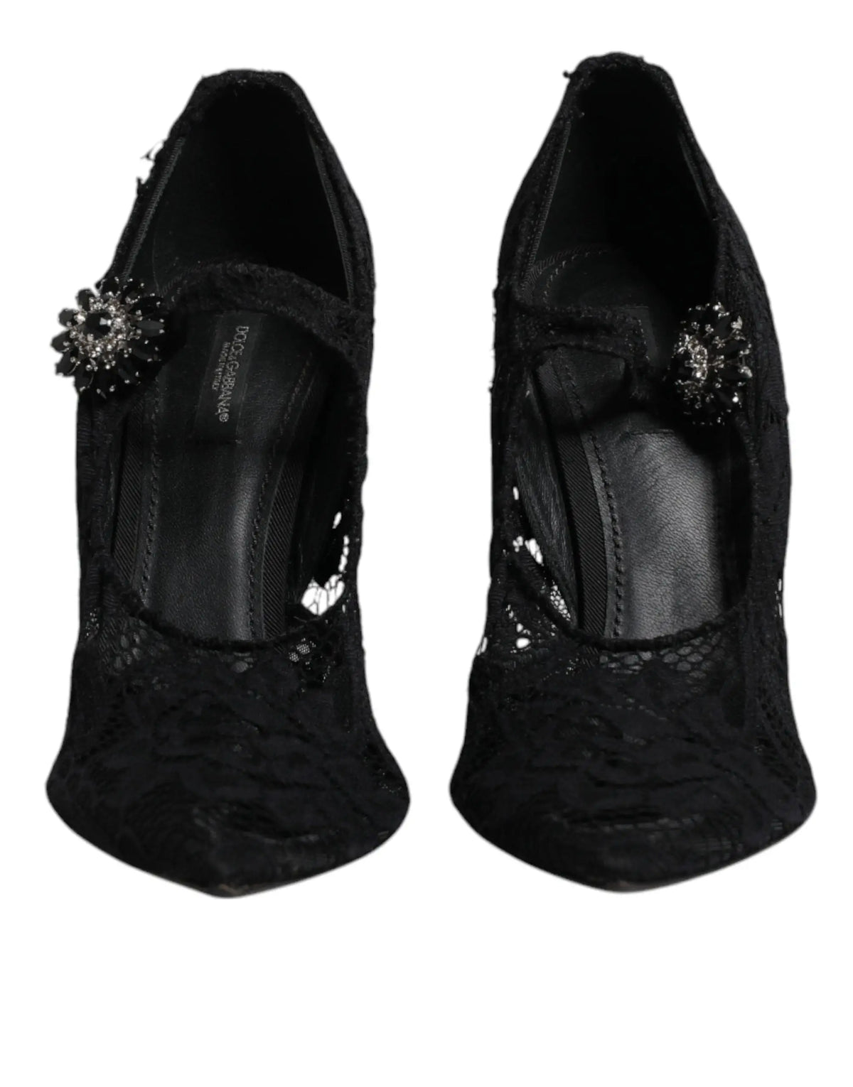 Dolce & gabbana mary jane pumps en dentelle noire avec talons hauts et fleur en cristal décorative sur le côté