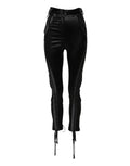 Pantalon skinny taille haute noir dolce gabbana en satin avec détails en dentelle lacets sur les côtés et franges aux extrémités