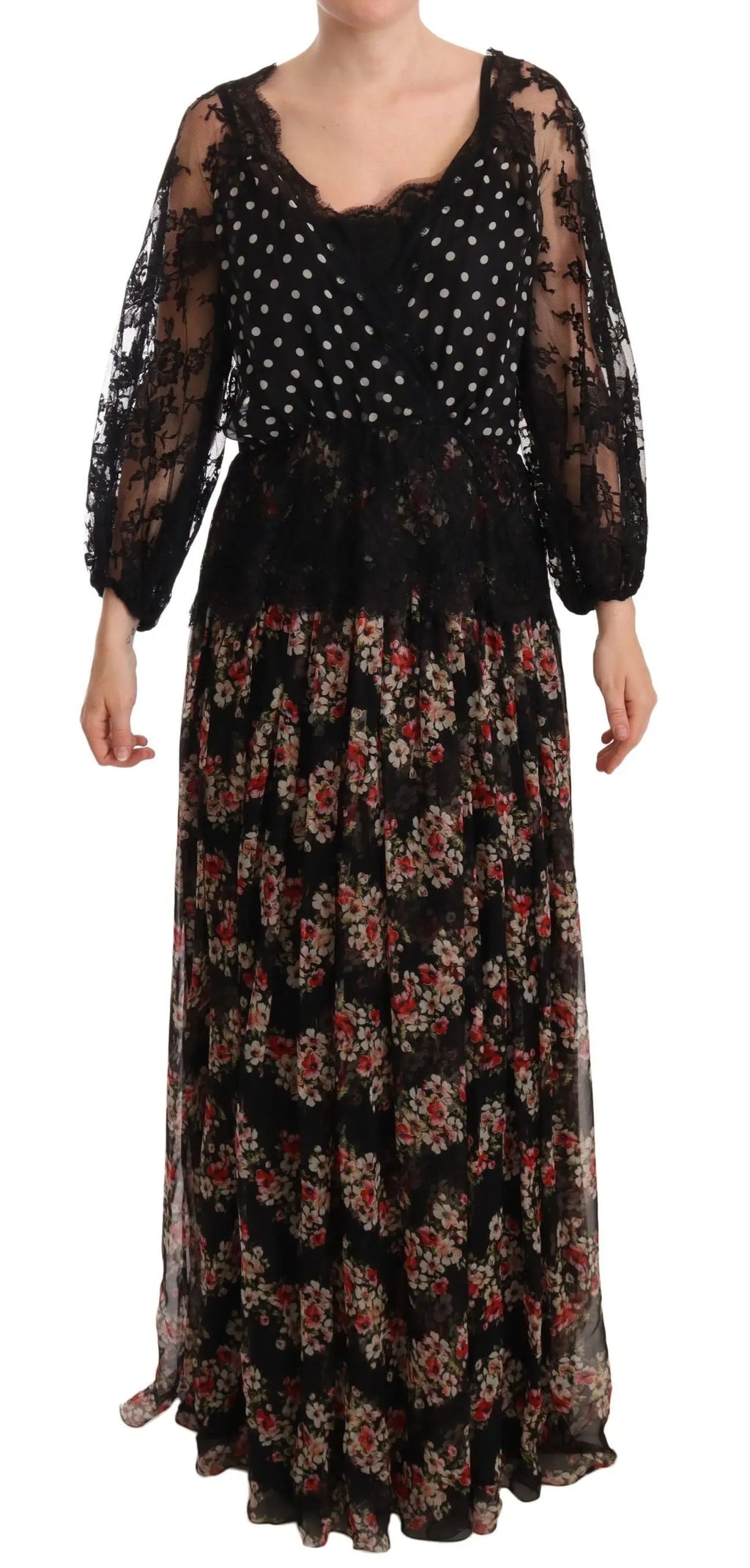 Robe maxi noire dolce & gabbana à fleurs avec manches en dentelle transparente et corsage à pois