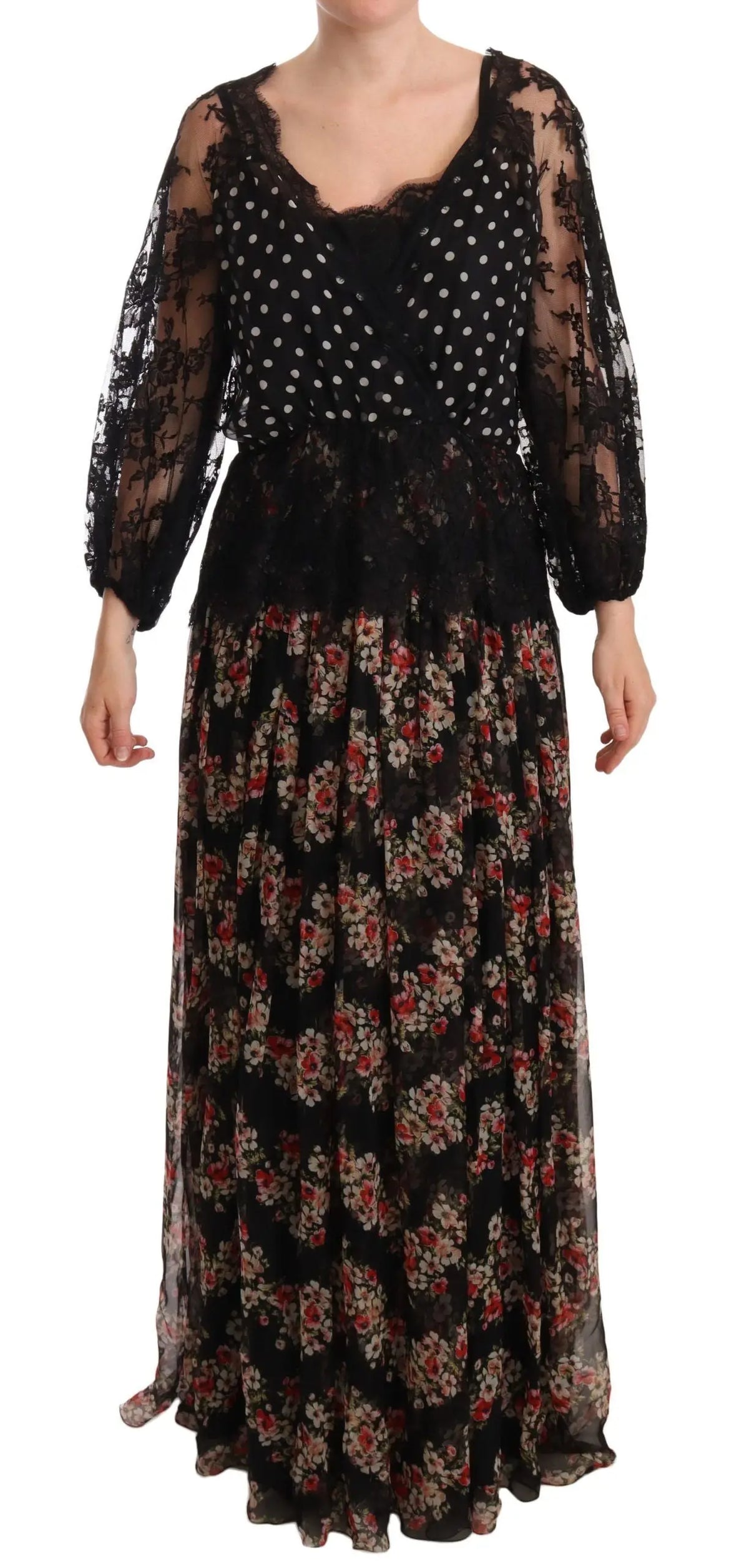 Robe longue noire dolce & gabbana avec manches en dentelle transparente et corsage à pois en tissu floral