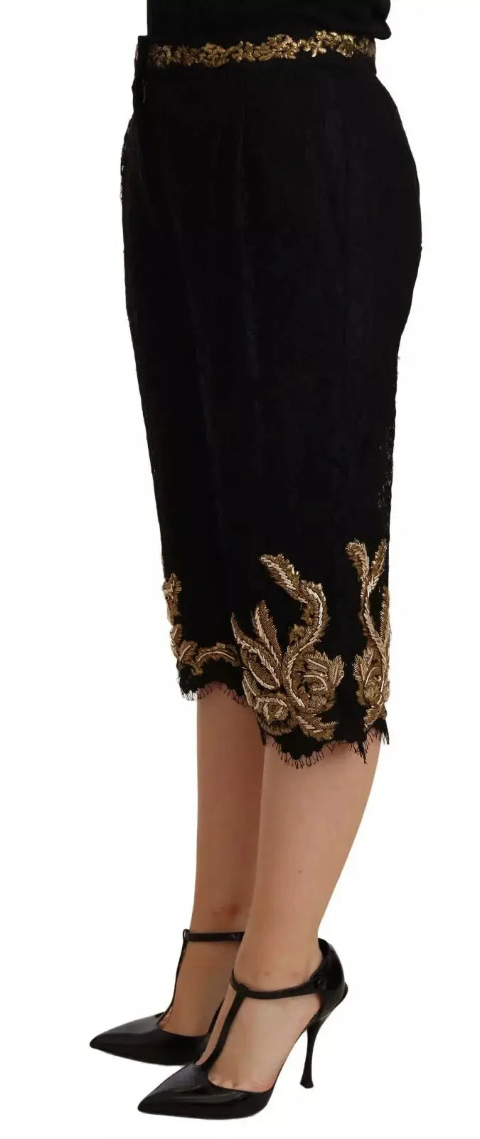 Dolce & gabbana shorts noir en dentelle avec broderie dorée baroque à la taille et à l’ourlet