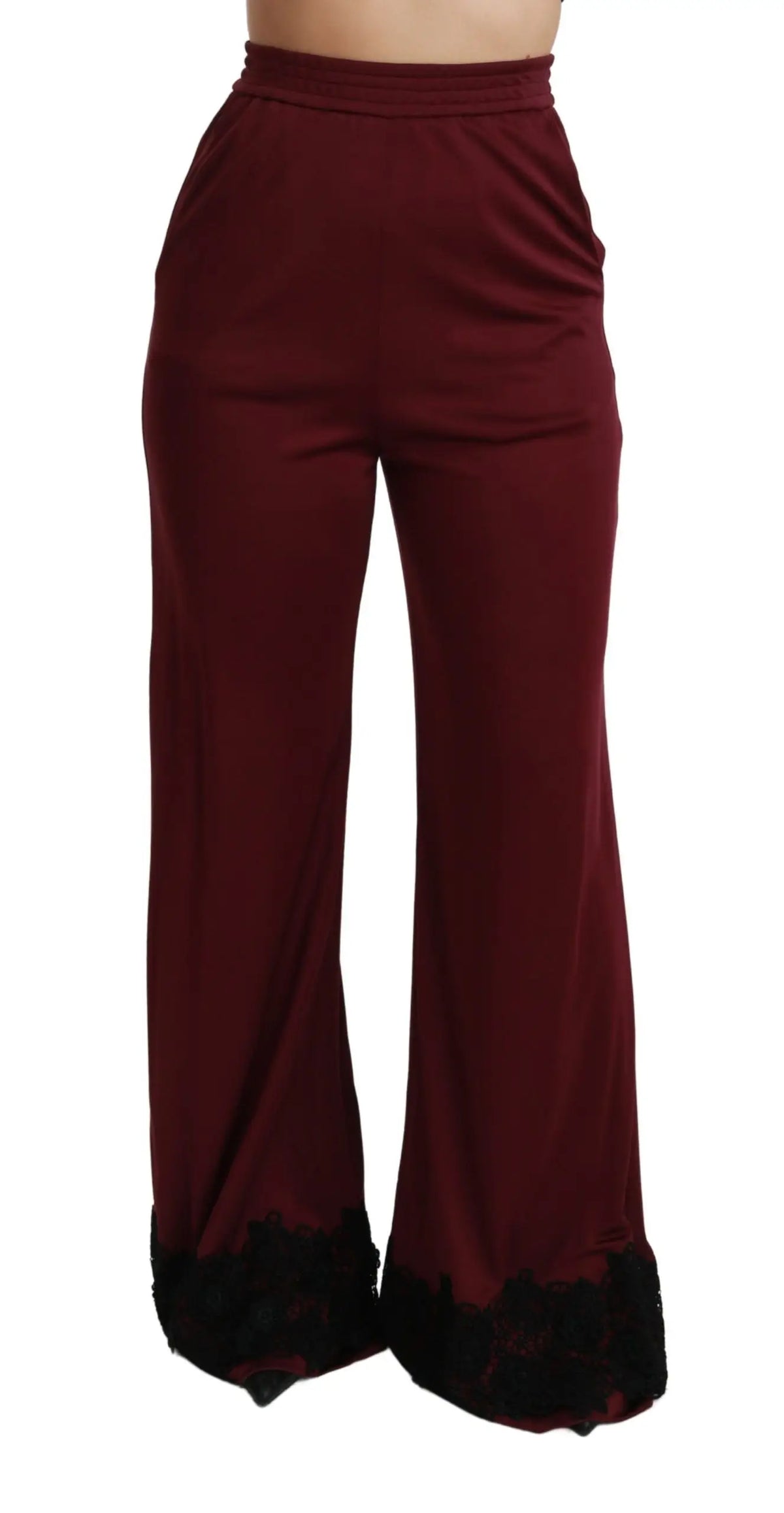 Pantalon large bordeaux dolce & gabbana taille haute avec bordure en dentelle noire en bas