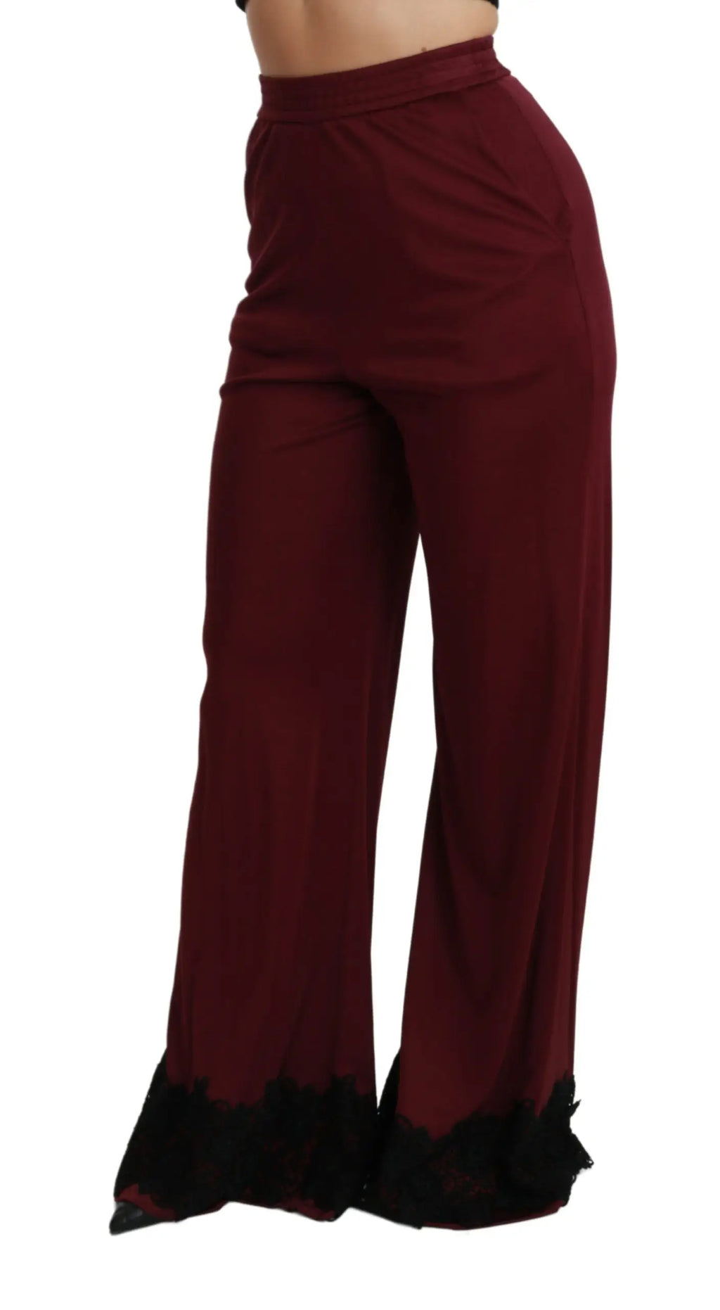 Pantalon large taille haute dolce & gabbana en tissu marron avec bordure en dentelle noire au bas