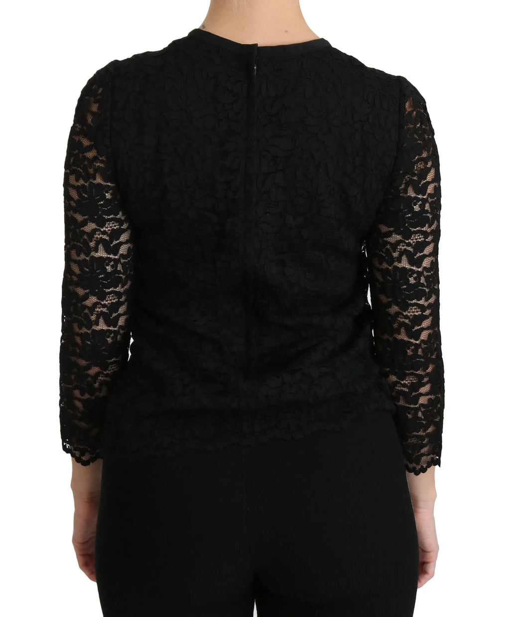 Dolce & gabbana blouse noire en nylon à manches trois quarts en dentelle avec motif floral subtil