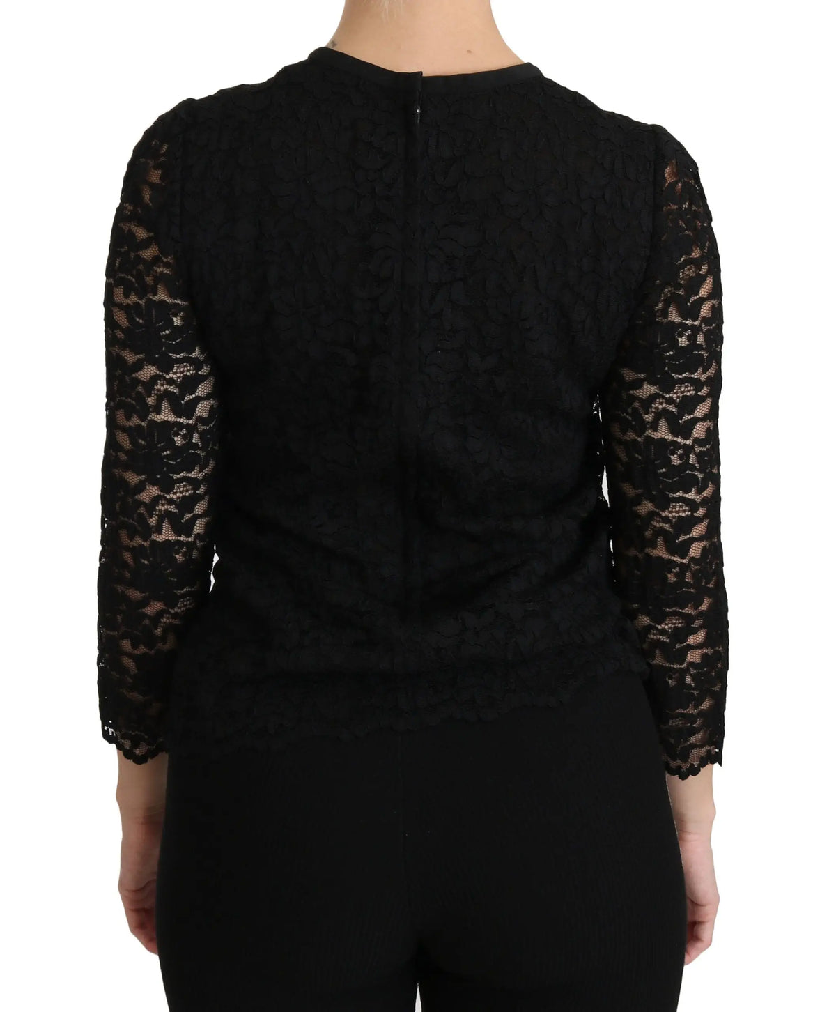 Dolce & gabbana blouse noire en nylon à manches trois quarts en dentelle avec motif floral subtil
