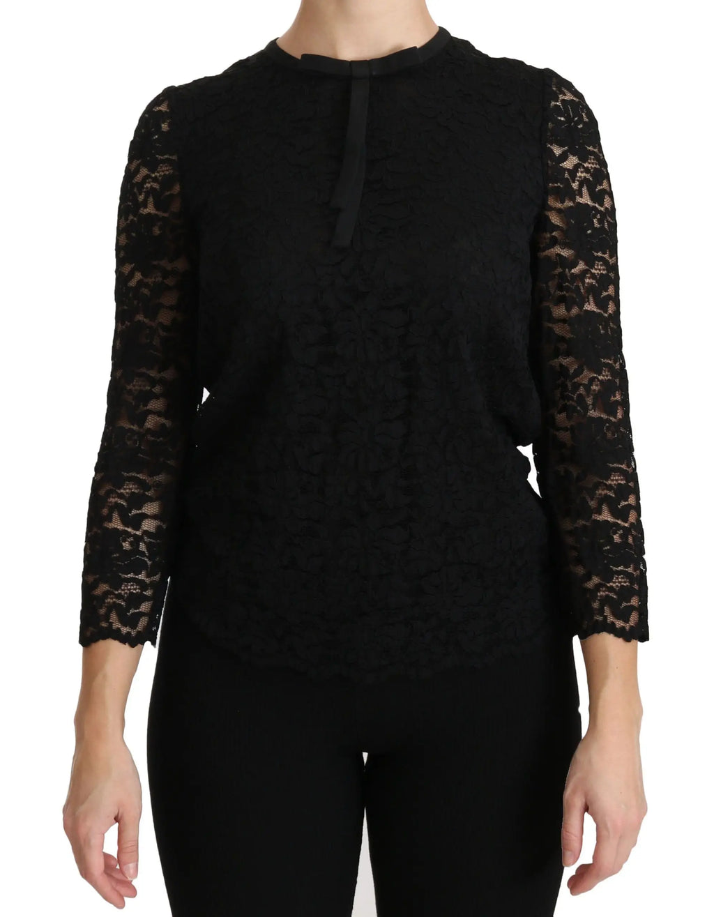 Dolce & gabbana blouse noire en nylon avec manches longues en dentelle et motifs floraux délicats et détail noué au col