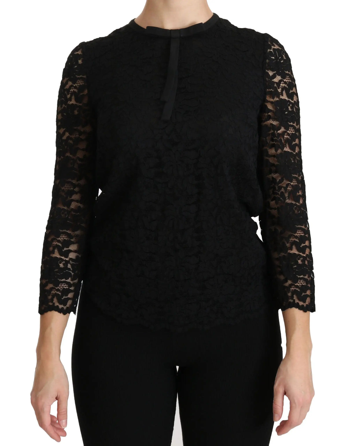 Dolce & gabbana blouse noire en nylon avec manches longues en dentelle et motifs floraux délicats et détail noué au col