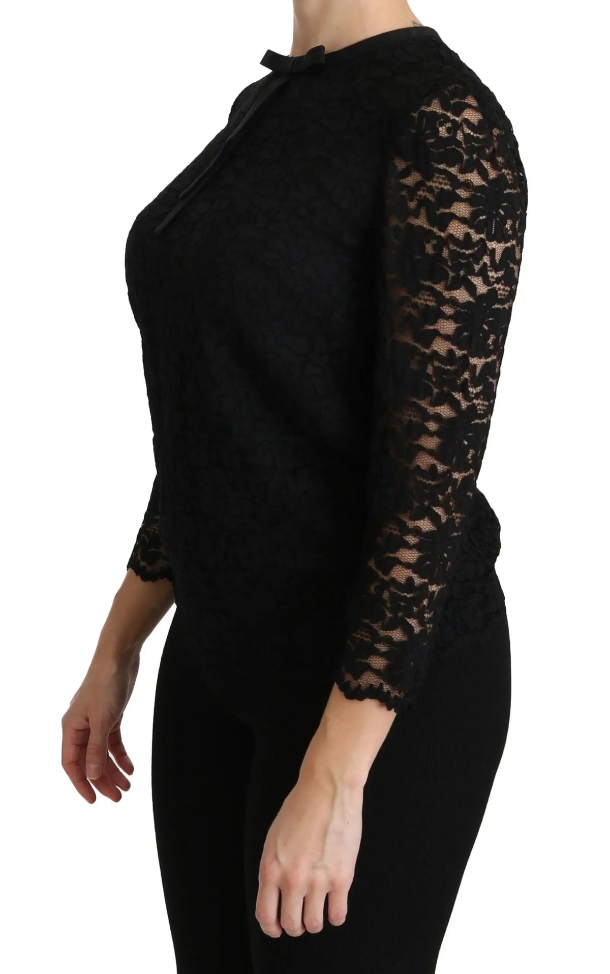 Blouse en nylon noire dolce gabbana en dentelle avec manches trois-quarts et nœud au col