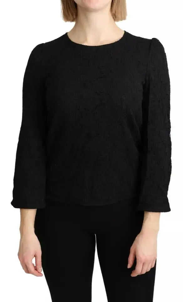 Dolce & Gabbana blouse en dentelle noire avec manches longues et col rond en maille texturée à manches bouffantes
