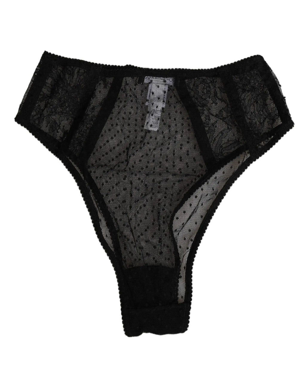 Dolce & gabbana black lace polka dot mesh high waist thong with sheer center and scalloped edges