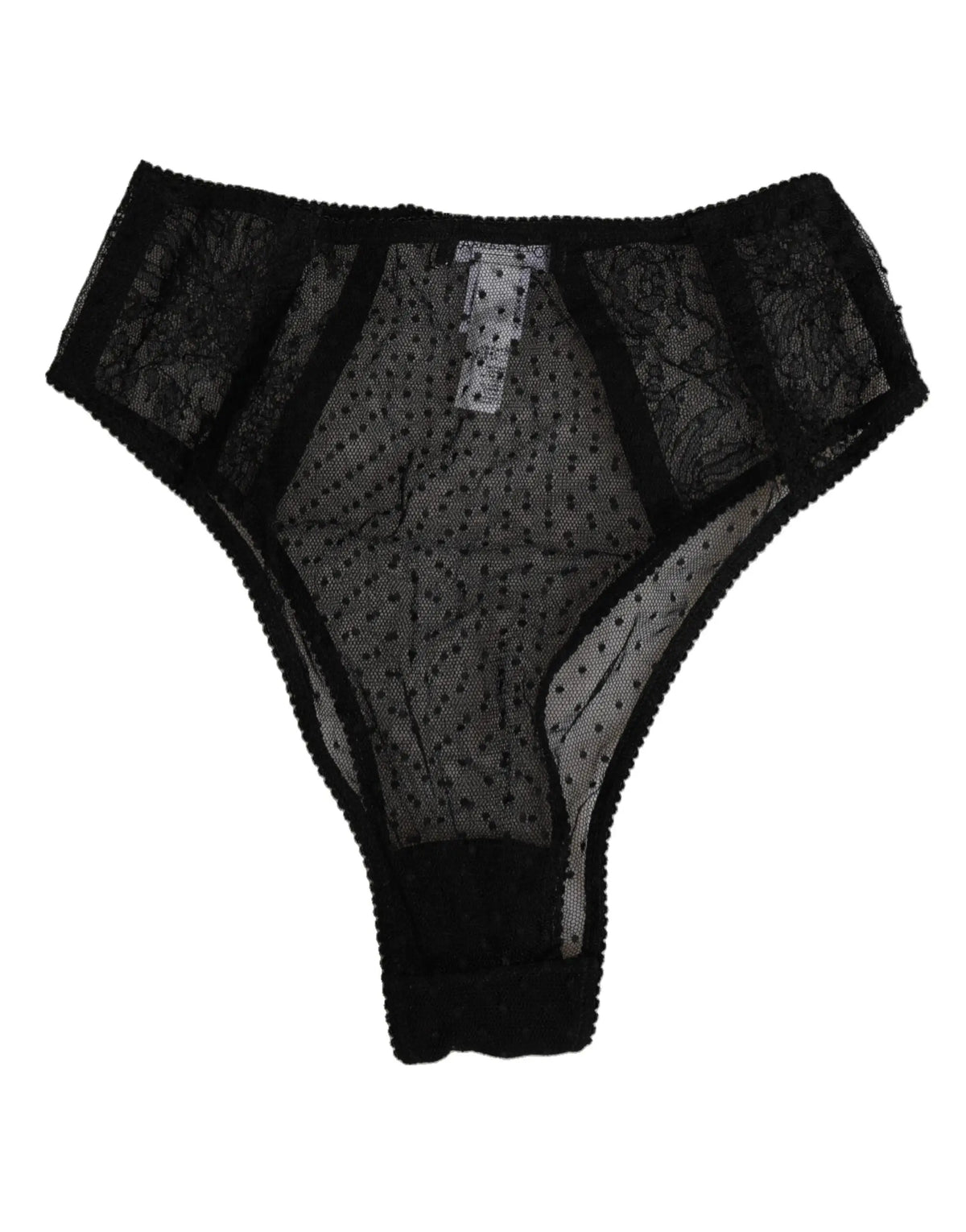 Dolce & gabbana black lace polka dot mesh high waist thong with sheer center and scalloped edges