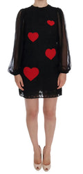 Robe droite noire Dolce & Gabbana en dentelle avec appliqués cœurs rouges et manches longues transparentes