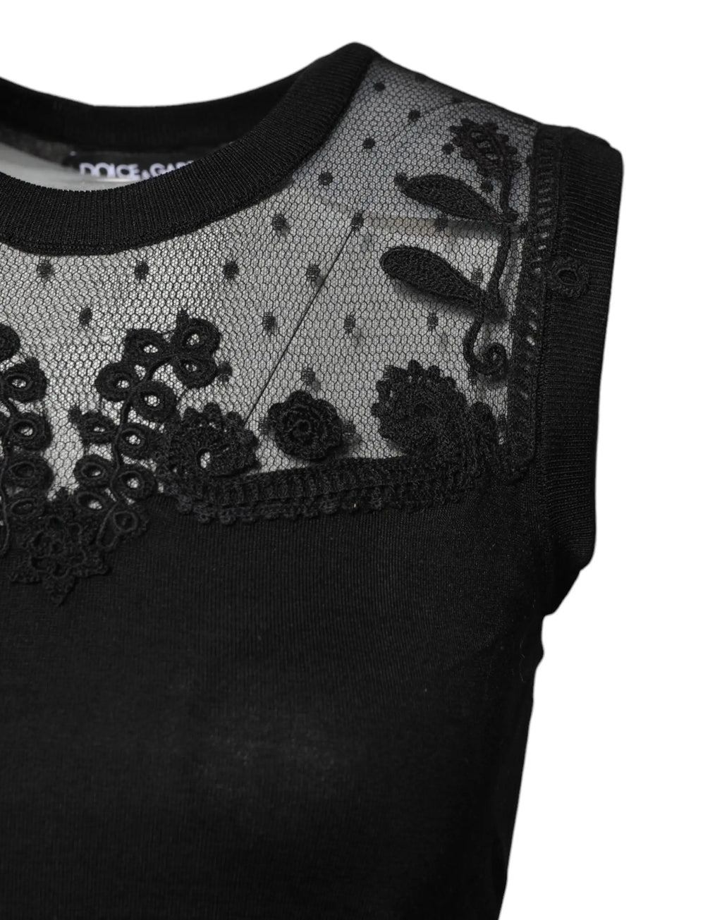Top sans manches noir dolce & gabbana en dentelle avec broderie florale et panneau en mesh transparent