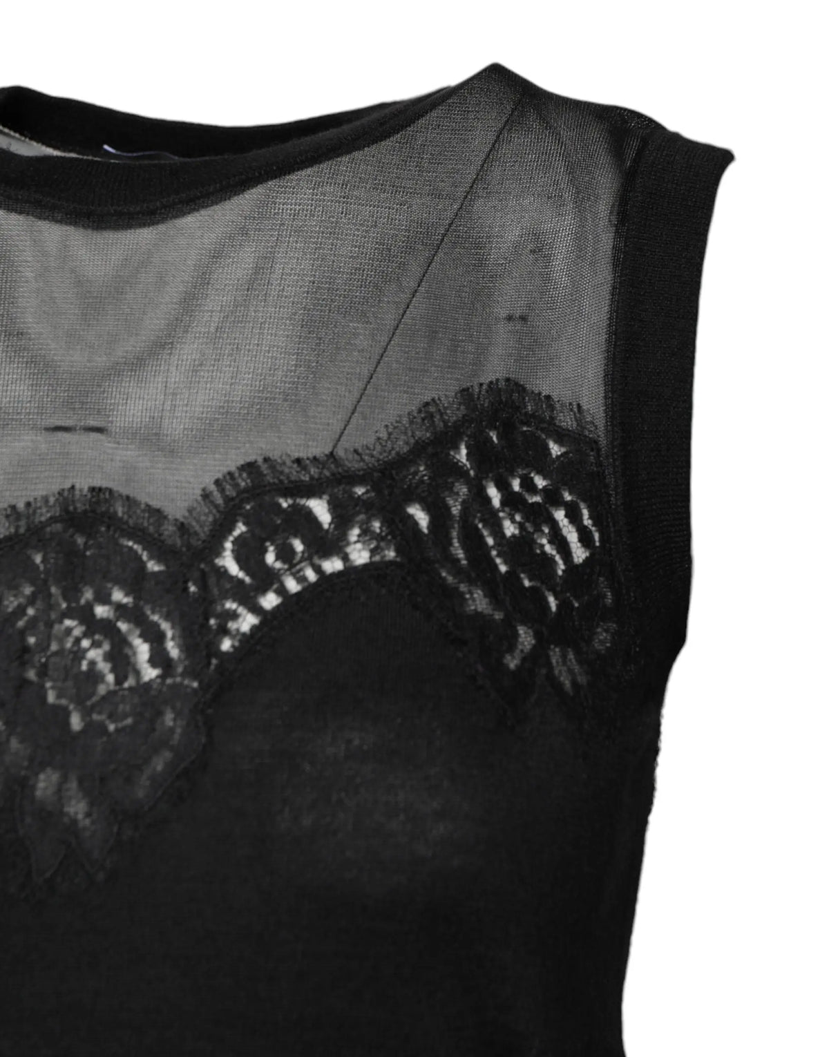 Dolce gabbana top sans manches noir en dentelle florale avec tissu en maille transparente sur le devant