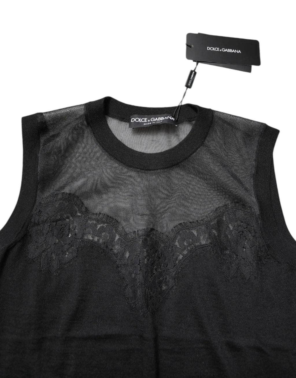 Top sans manches noir en dentelle transparente à col rond par Dolce & Gabbana