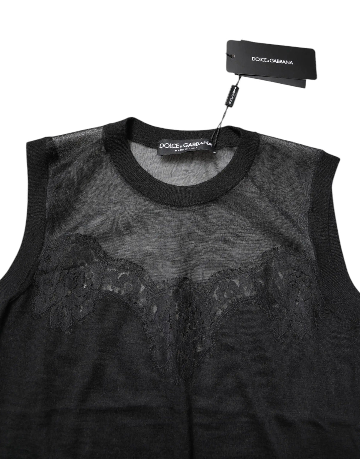 Top sans manches noir en dentelle transparente à col rond par Dolce & Gabbana