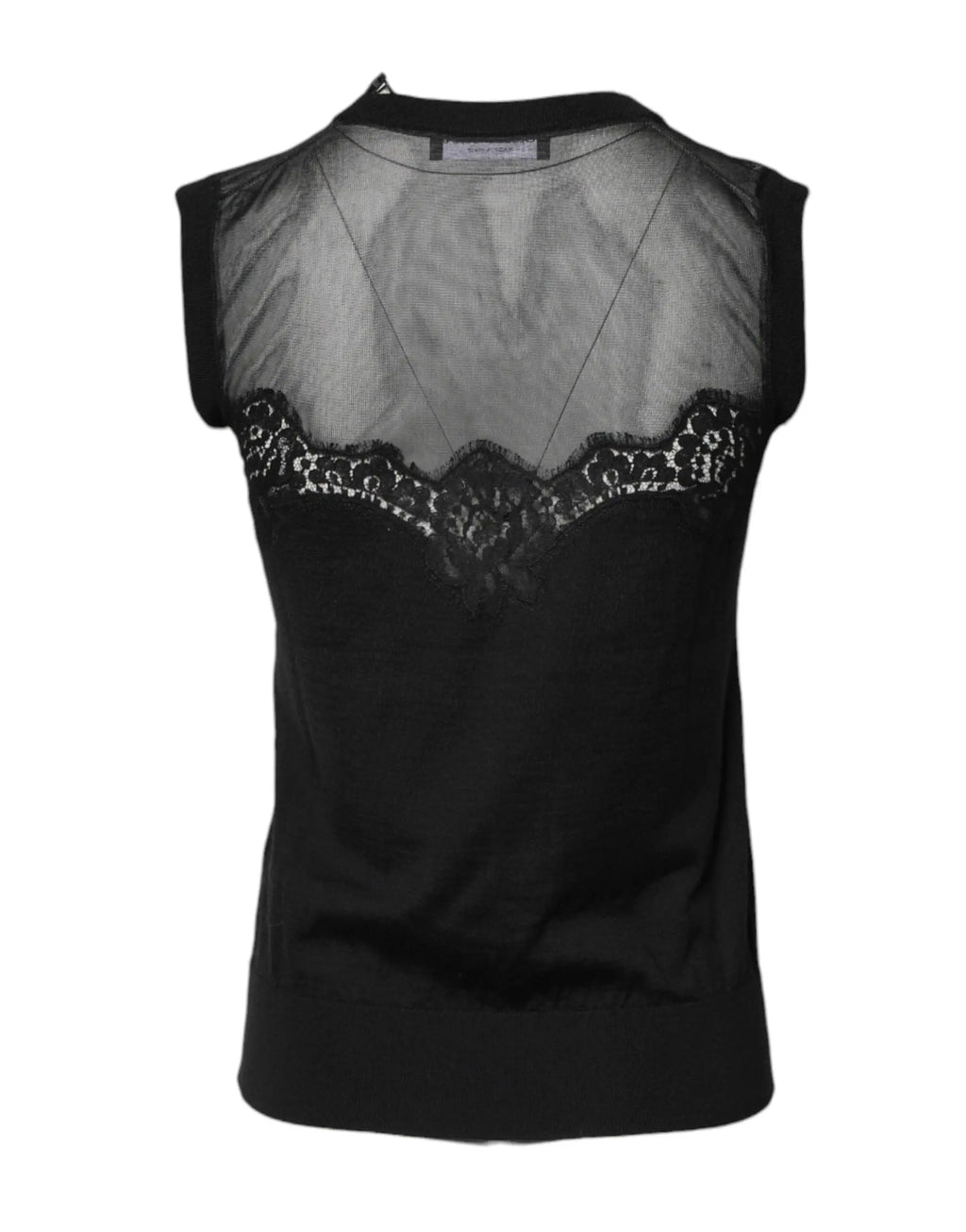 Dolce & gabbana top sans manches noir en dentelle et mesh transparent col rond