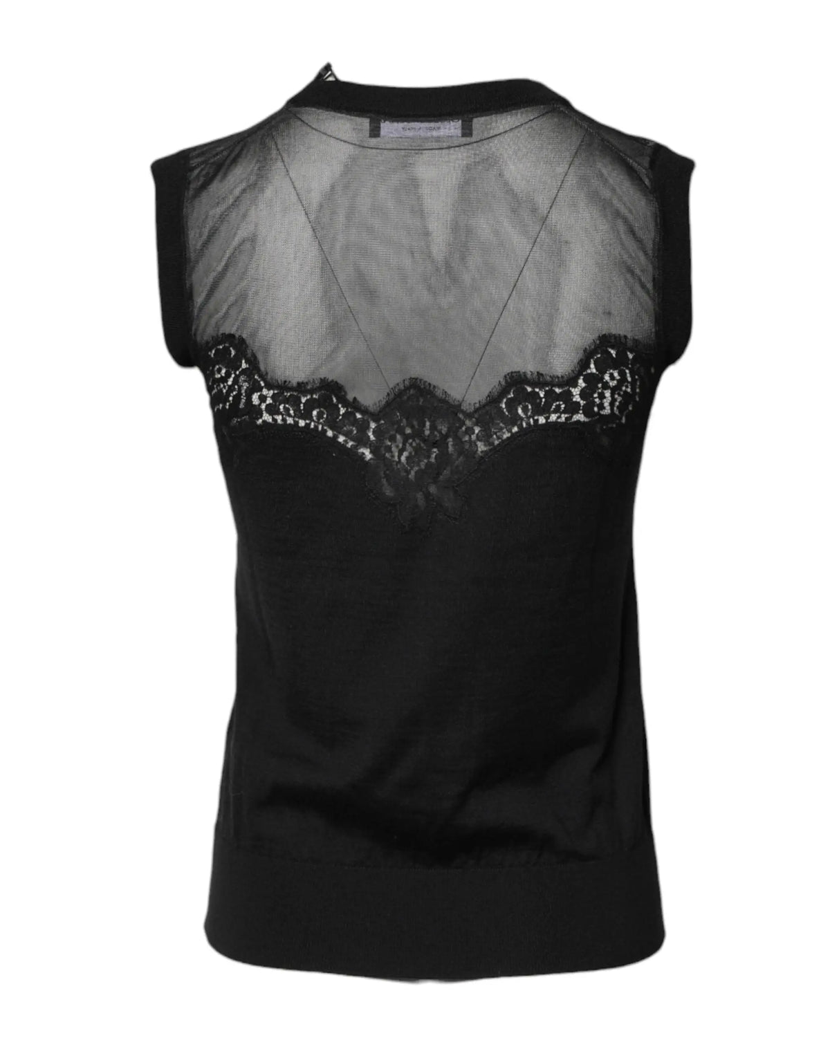 Dolce & gabbana top sans manches noir en dentelle et mesh transparent col rond