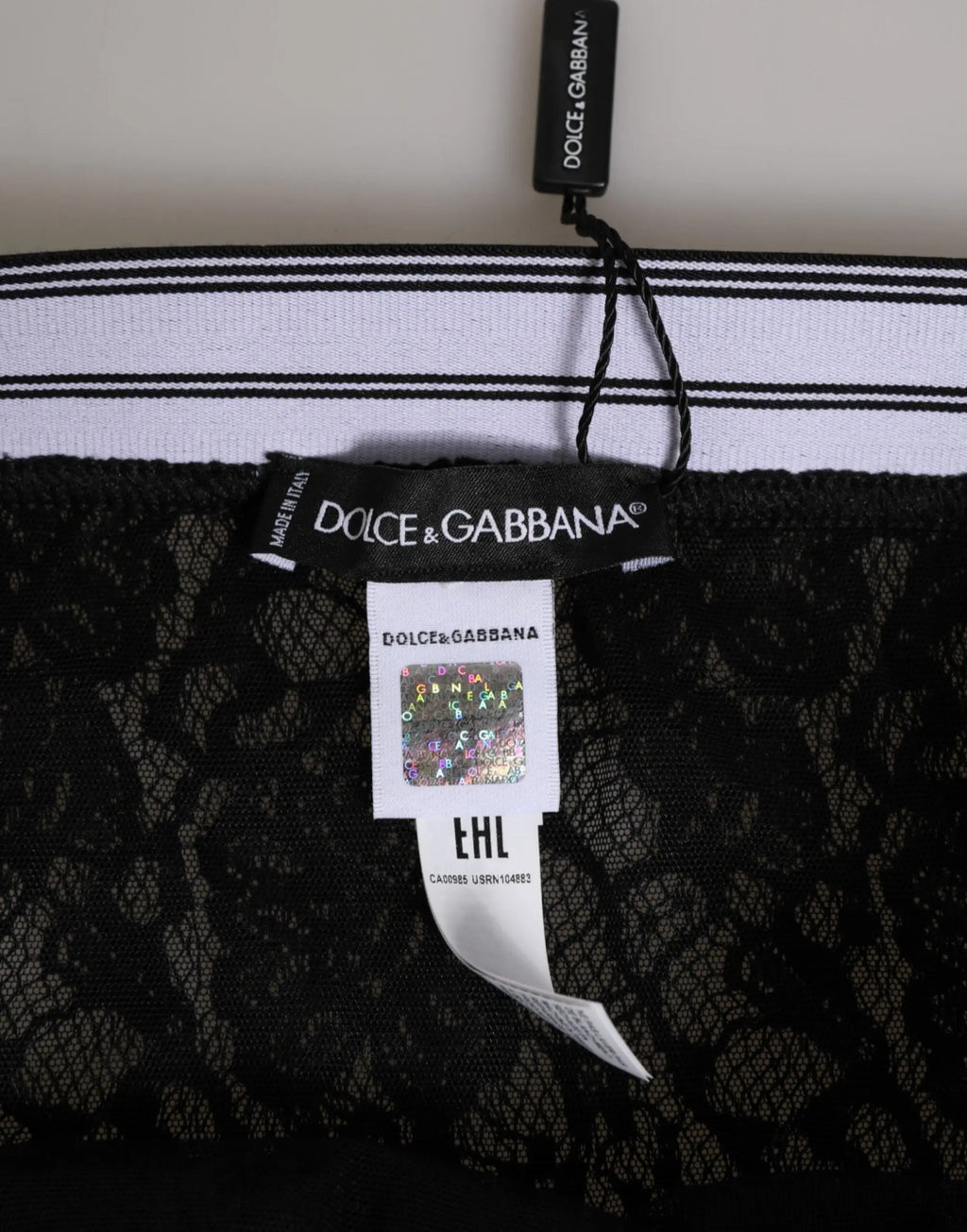 Culotte slip en dentelle noire dolce & gabbana avec ceinture élastique blanche à trois fines rayures noires
