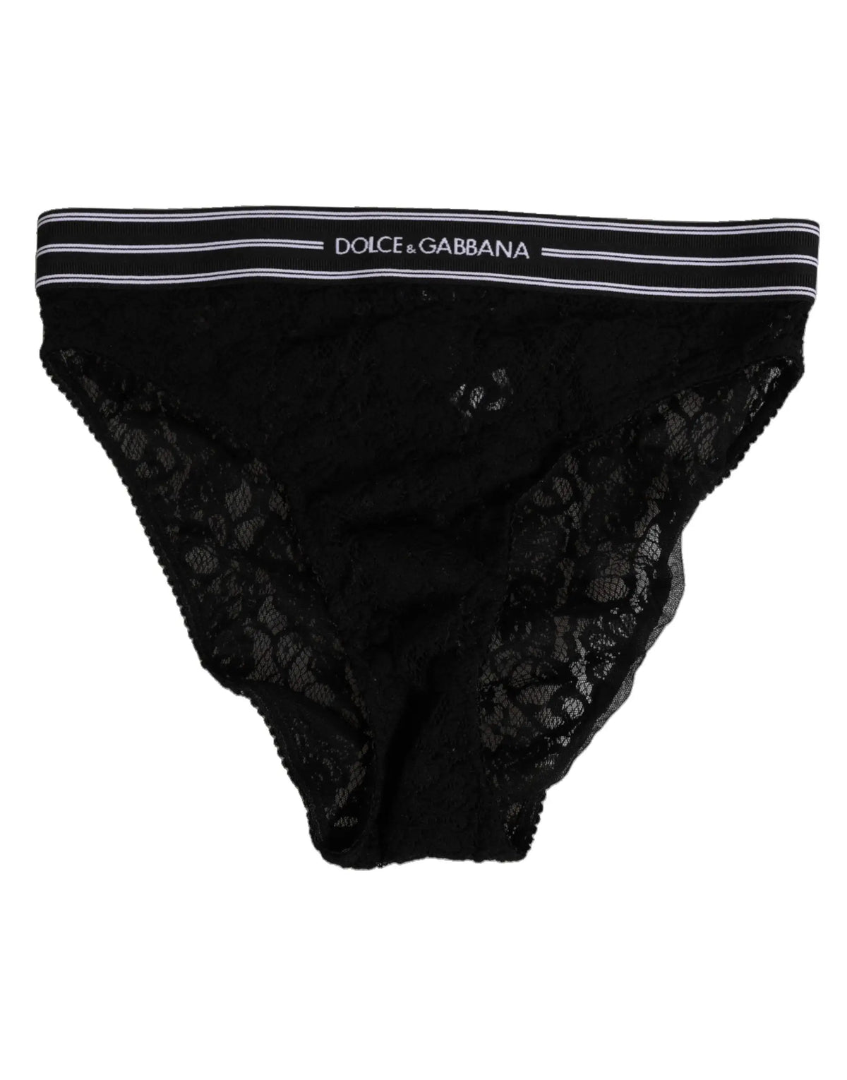 Culotte slip noir en dentelle dolce gabbana avec bande taille rayée logo visible de dos