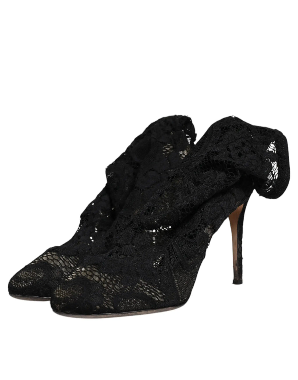 Dolce & gabbana bottines mi-mollet en dentelle noire avec talons stretch et design volanté