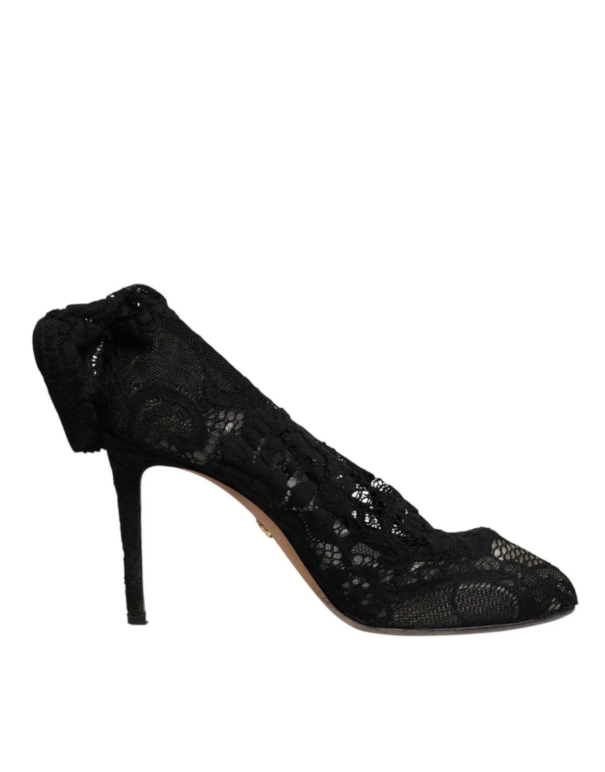 Dolce & gabbana black lace stretch heels mid calf boots showing back side with floral pattern and small bow