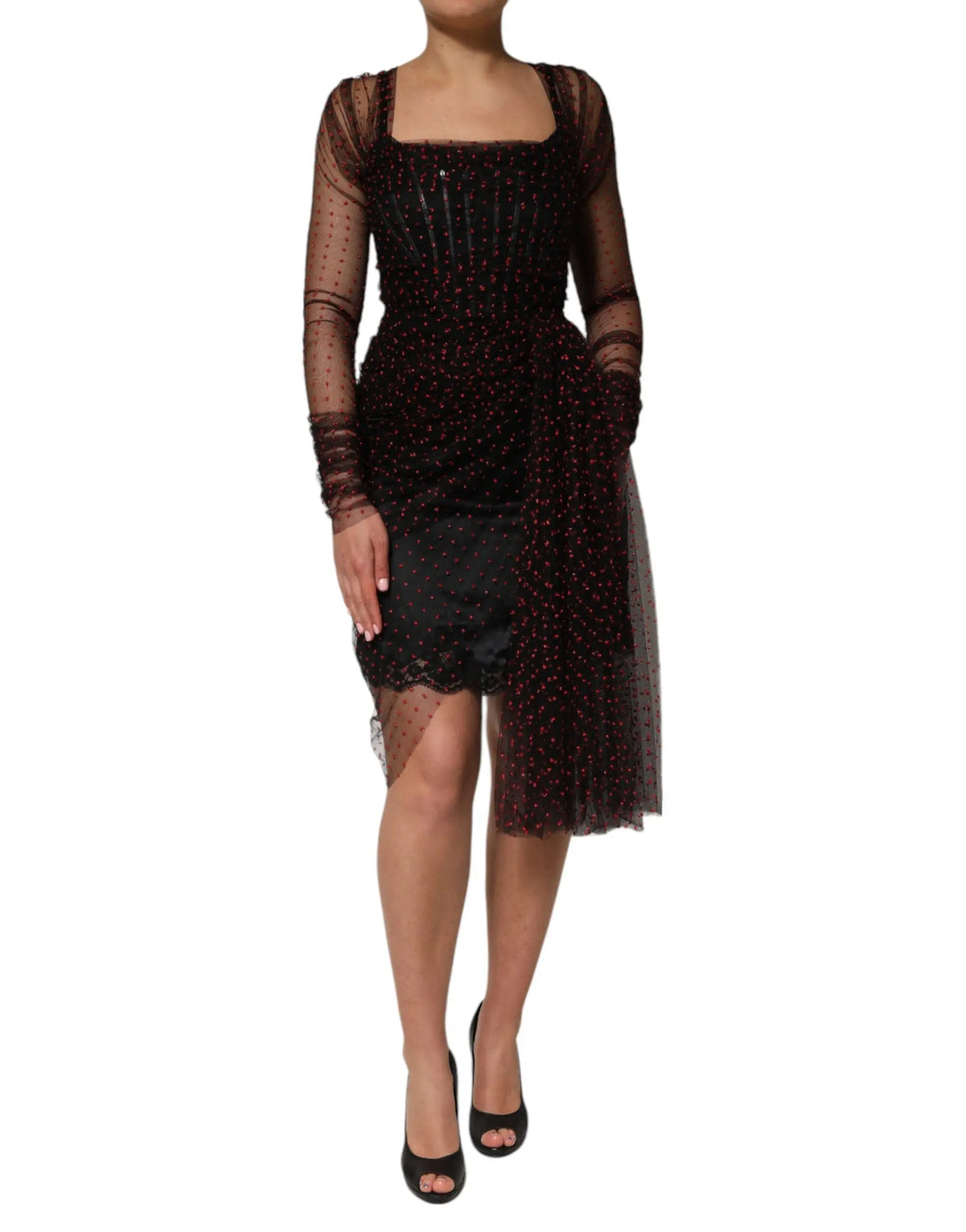 Robe courte noire dolce & gabbana en sequins avec manches longues transparentes et superposition en tulle drapé