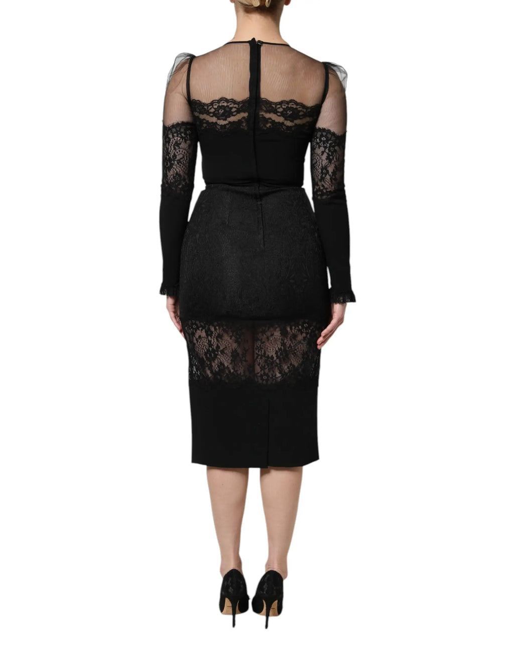 Robe midi noire dolce & gabbana en tulle nylon avec bordure en dentelle et manches longues transparentes ajustée
