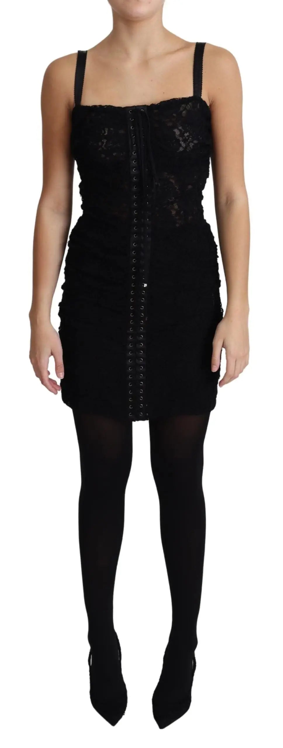 Dolce & Gabbana robe mini bustier corset en dentelle noire avec laçage floral et fermeture éclair devant