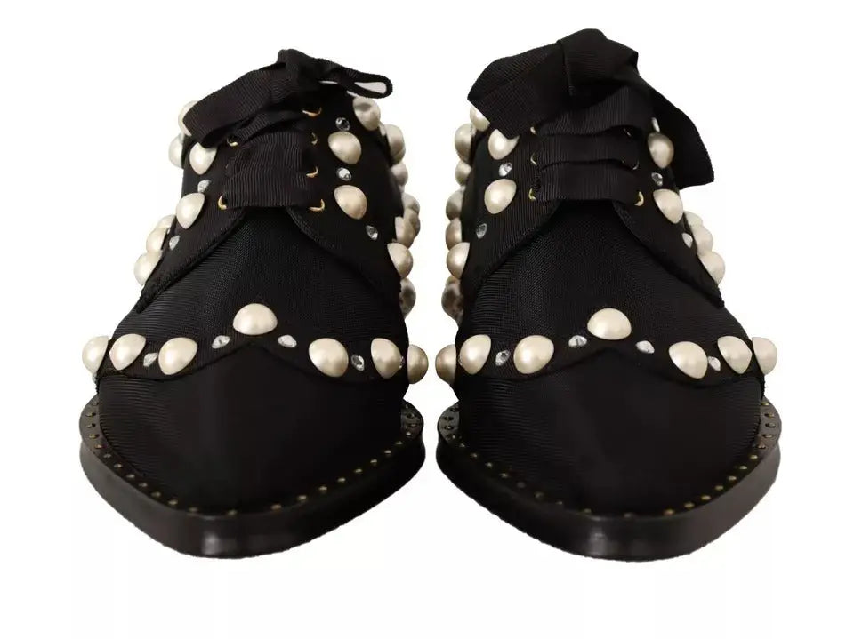 Chaussures plates noires à lacets dolce & gabbana ornées de perles blanches et strass avec finition satinée et nœuds décoratifs