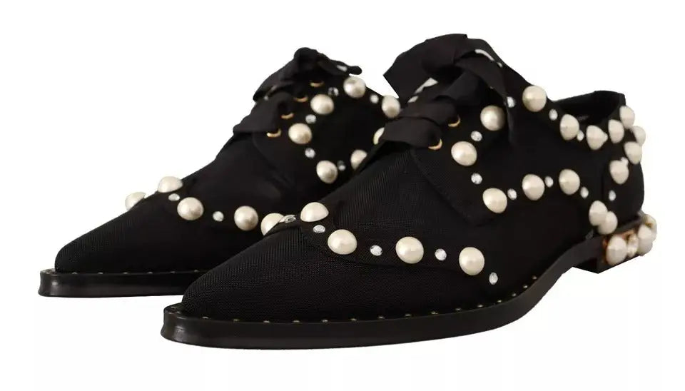 Dolce & gabbana chaussures plates noires en cuir à lacets ornées de perles noires avec bout pointu et coutures discrètes