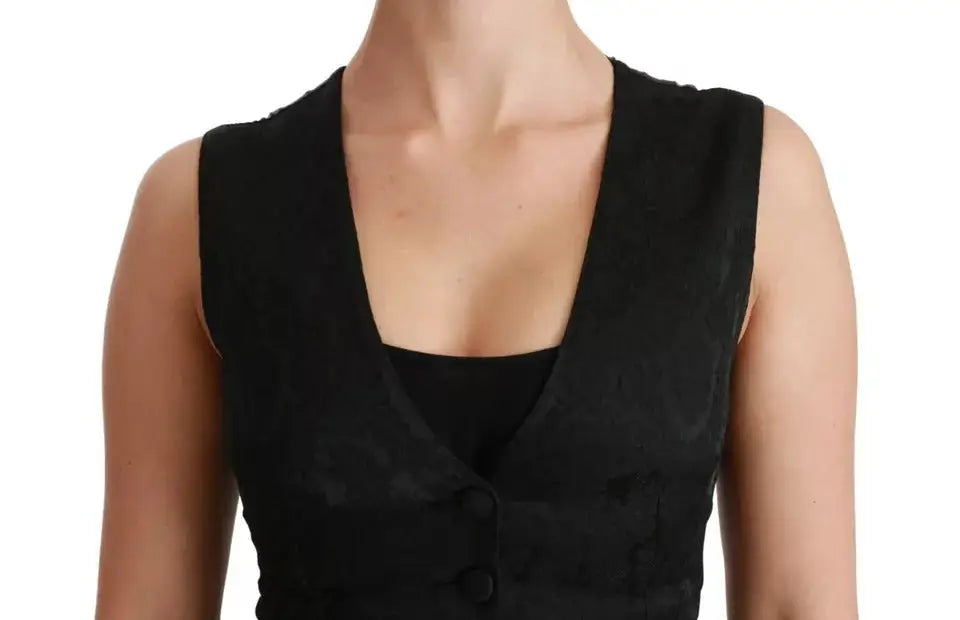 Dolce & Gabbana black lace waistcoat slim vest in silk with subtle textured pattern and three dark buttons down the front
